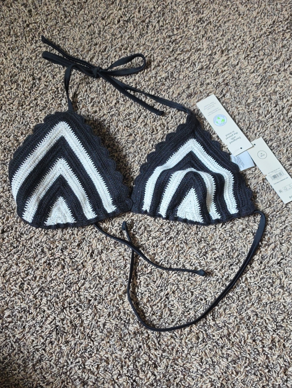 Time and Tru Black and White Crochet Triangle Swim Top